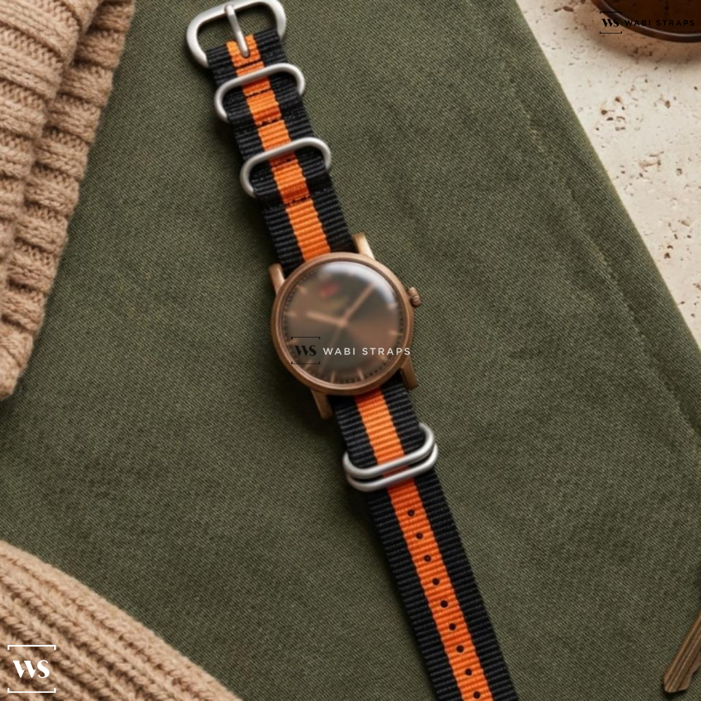 Black/Orange 3 Stripes Nylon Watch Strap on Le Coultre Automatic Black Dial