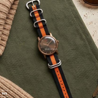 Black/Orange 3 Stripes Nylon Watch Strap on Le Coultre Automatic Black Dial