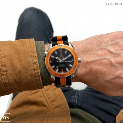 Black/Orange 3 Stripes Nylon Watch Strap on Omega Seamaster Orange Bezel