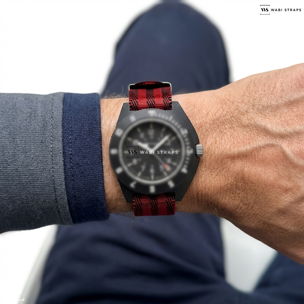 Black/Red 5-Stripe Nylon Watch Strap on Marathon Navigator