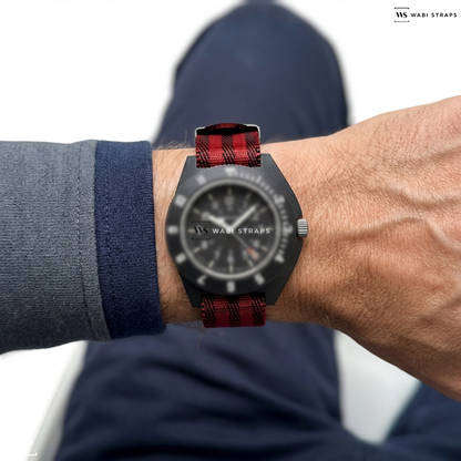 Black/Red 5-Stripe Nylon Watch Strap on Marathon Navigator