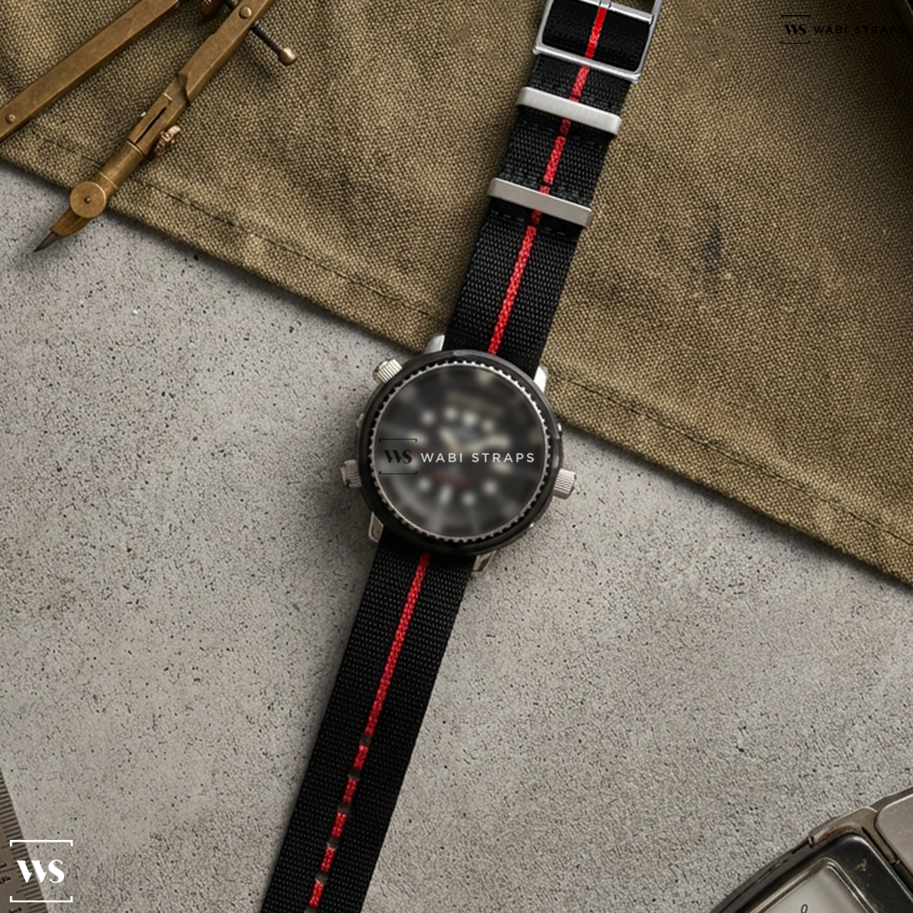 Black/Red 3-Stripe Nylon Watch Strap on Seiko "Arnie" Prospex Tuna Dive Watch with Solar Movement and 47.5mm Case #SNJ025