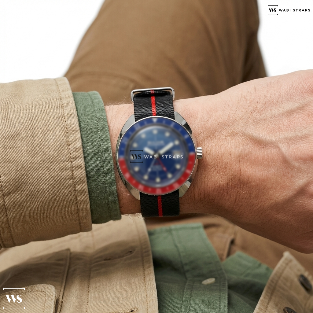 Black/Red 3-Stripe Nylon Watch Strap on Squale 1521 Militaire Mesh