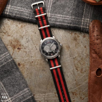 Black/Red 5 Stripes Nylon Watch Strap on Blancpain L Evolution 8 Days