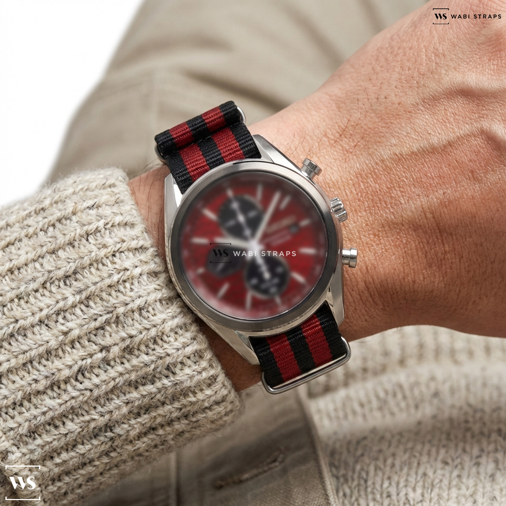 Black/Red 5 Stripes Nylon Watch Strap on Seiko Solar Chronograph SSC771P1 Red Dial