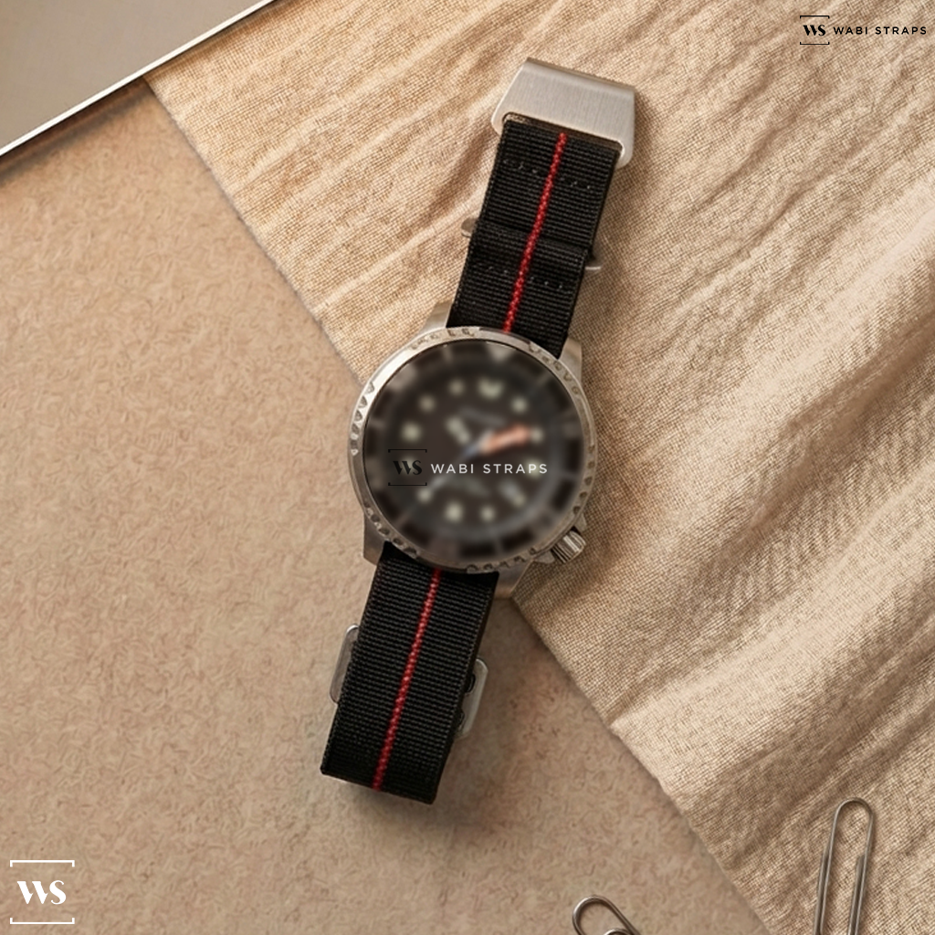 Black/Red 3-Stripe Nylon Watch Strap on Citizen Promaster Dive Eco-Drive