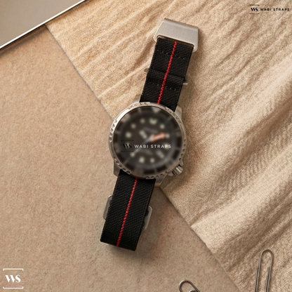 Black/Red 3-Stripe Nylon Watch Strap on Citizen Promaster Dive Eco-Drive