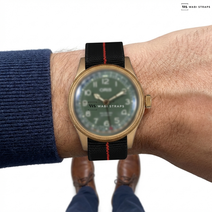 Black/Red 3-Stripe Nylon Watch Strap on Oris Big Crown Pointer Date Bronze