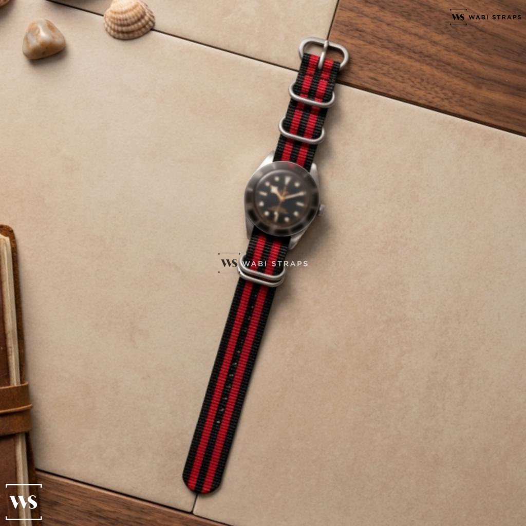 Black/Red 5 Stripes Nylon Watch Strap on Tudor Black Bay