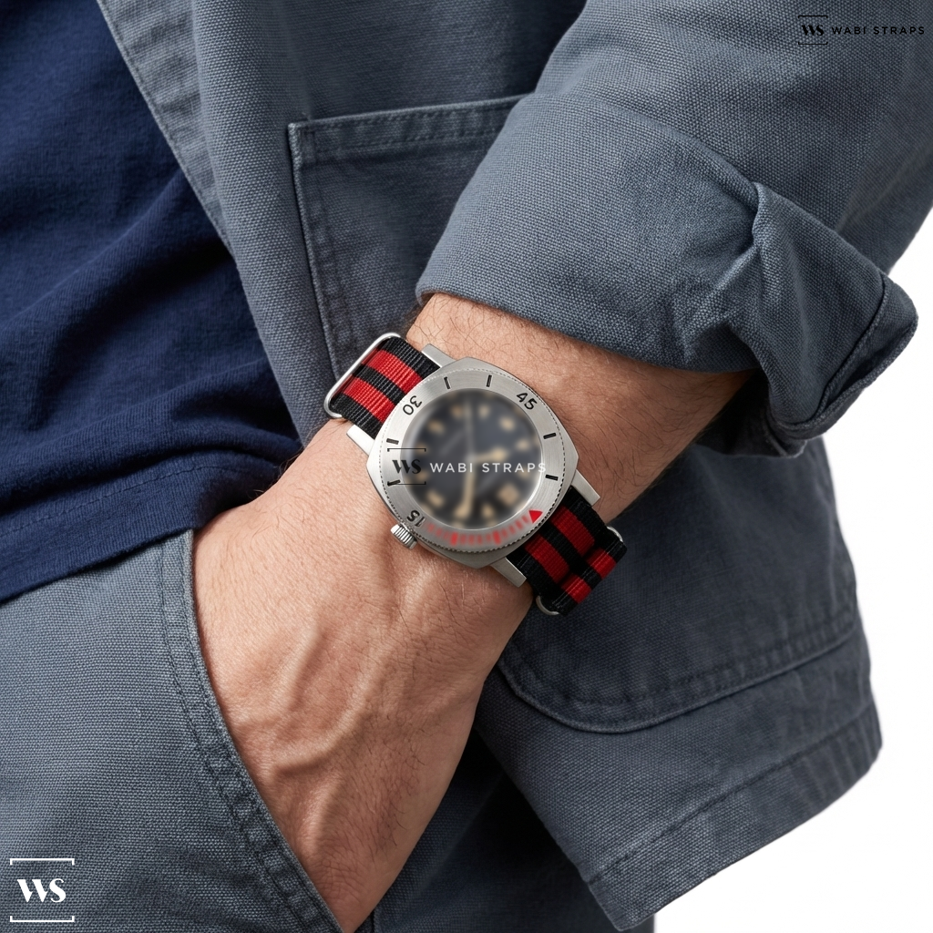 Black/Red 5 Stripes Nylon Watch Strap on Nivada Grenchen Baby Pam Depthmaster Pacman