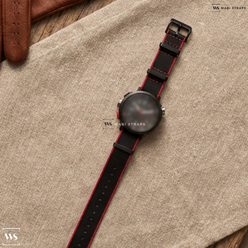Black/Red Trim Edge Nylon Watch Strap on Vero Workhorse Chrono