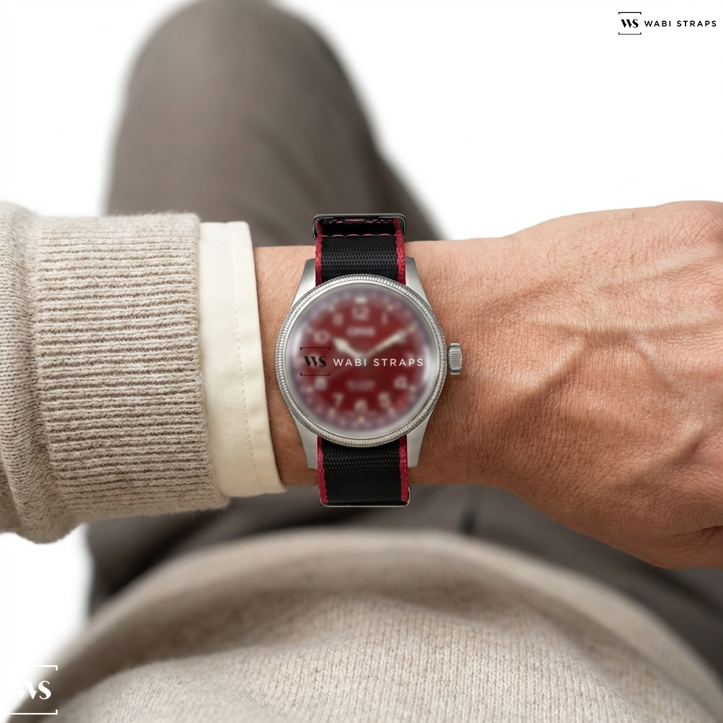 Black/Red Trim Edge Nylon Watch Strap on Oris Big Crown Pointer Date