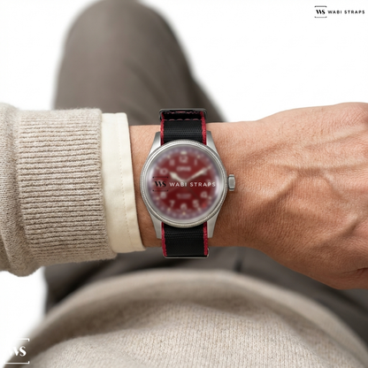 Black/Red Trim Edge Nylon Watch Strap on Oris Big Crown Pointer Date