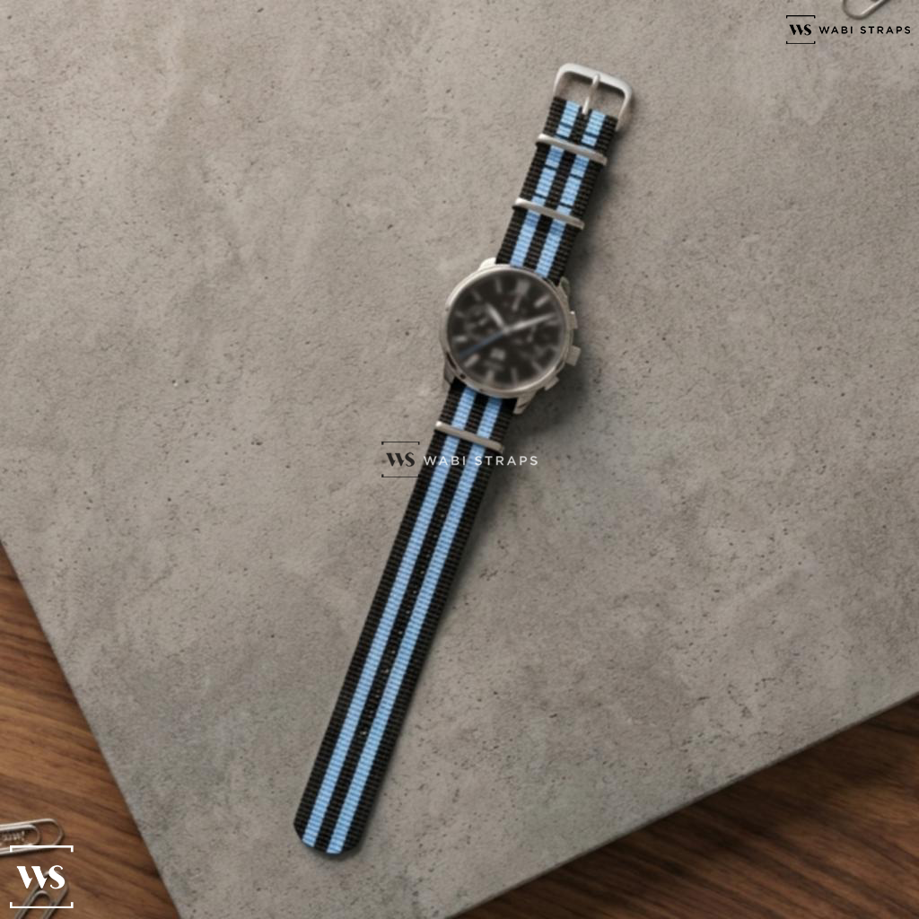 Blue/Black 5 Stripes Nylon Watch Strap on Glashutte Original Senator Chronograph Panorama Date