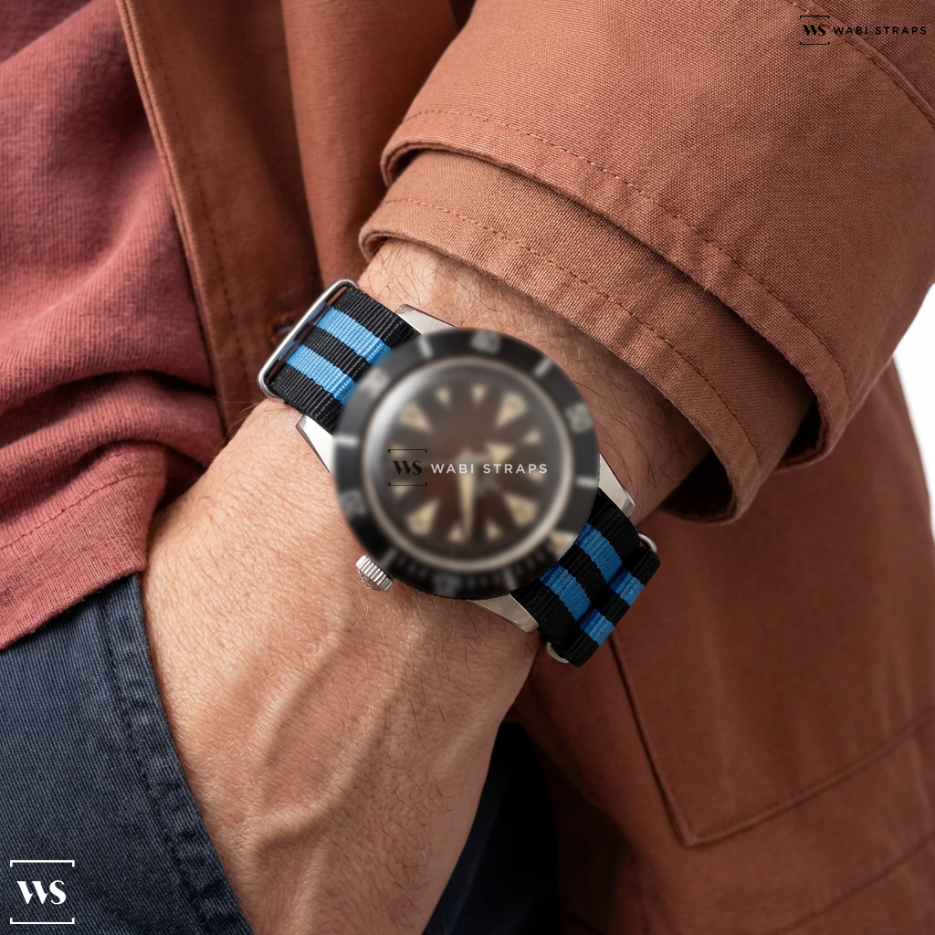 Blue/Black 5 Stripes Nylon Watch Strap on Vintage Alpha Skin Diver Tropical
