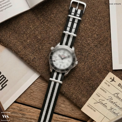 Black/White 5 Stripes Nylon Watch Strap on Omega Seamaster Professional White Ceramic Dial