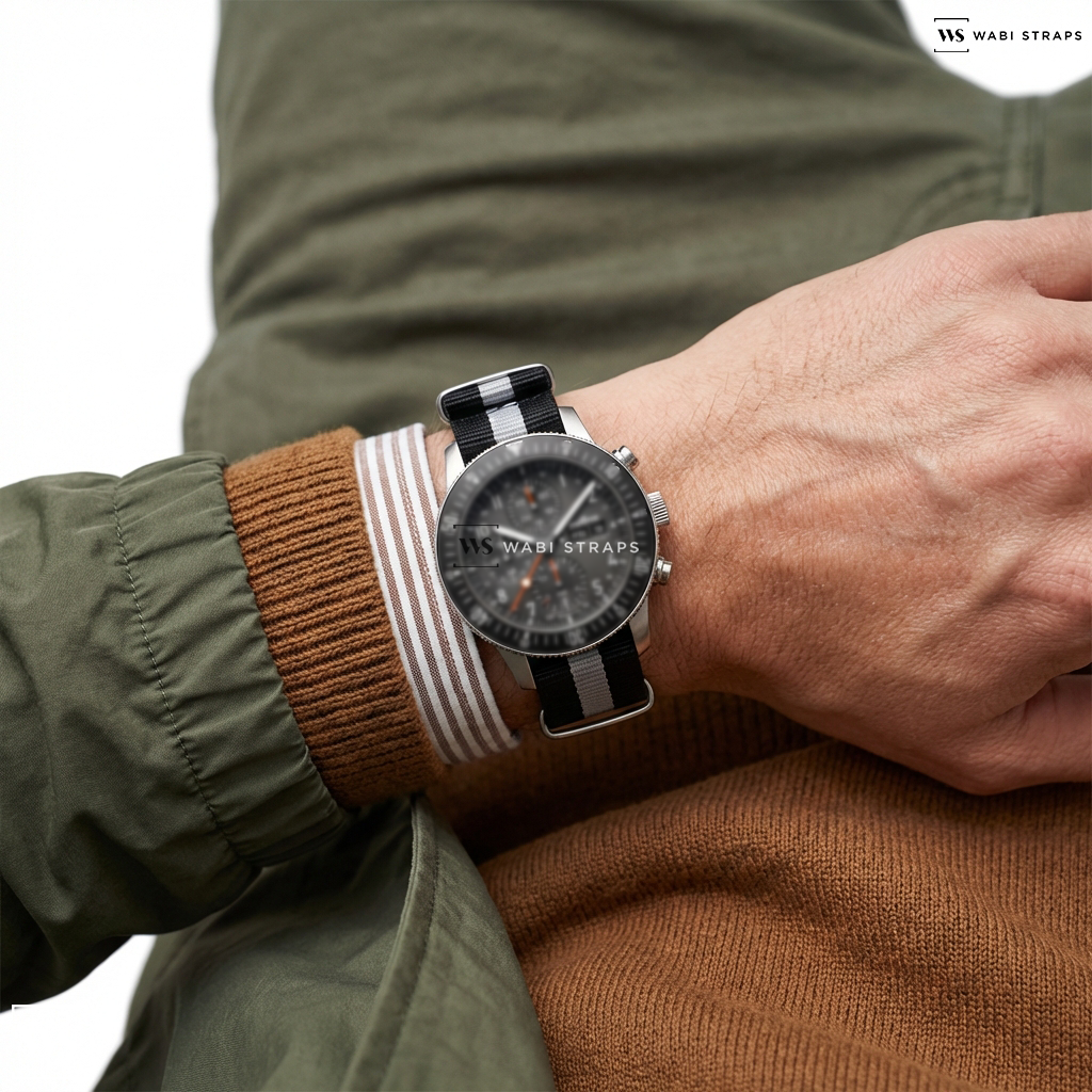 Black/White 3 Stripes Nylon Watch Strap on FORTIS Novonaut N-42 Stratosphere-Tested Manufacture Chronograph
