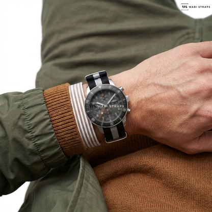 Black/White 3 Stripes Nylon Watch Strap on FORTIS Novonaut N-42 Stratosphere-Tested Manufacture Chronograph