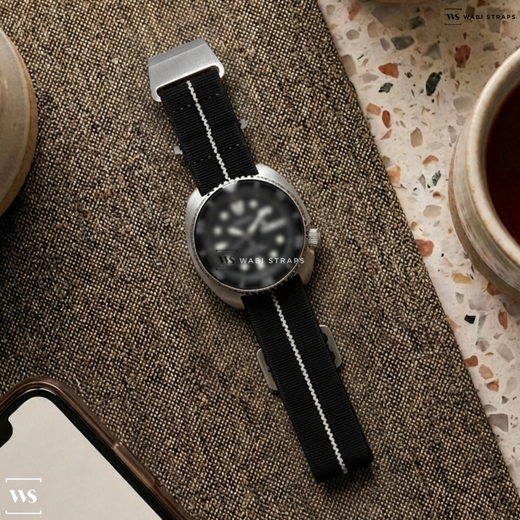 Black/White 3-Stripe Nylon Watch Strap on Seiko Turtle Prospex Automatic Dive Watch with Black Dial and Black Silicone Dive Strap #SRPE93