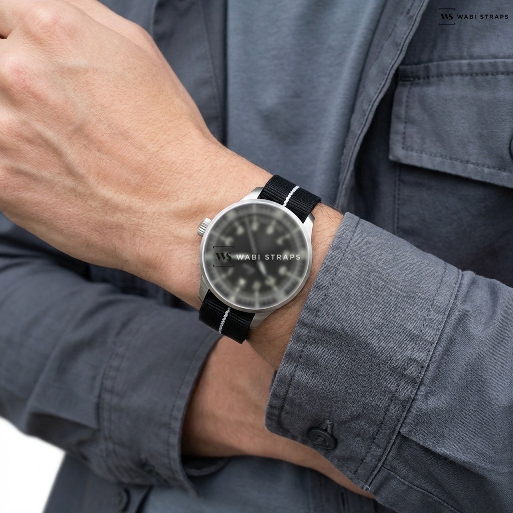 Black/White 3-Stripe Nylon Watch Strap on Laco Augsburg 39