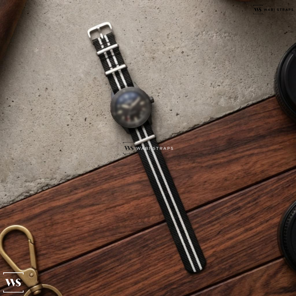 Black/White 2 Thick 3 Thin Stripes Nylon Watch Strap on Blanpain Fifty Fathoms Bathyscaphe 5000-0130-B52A