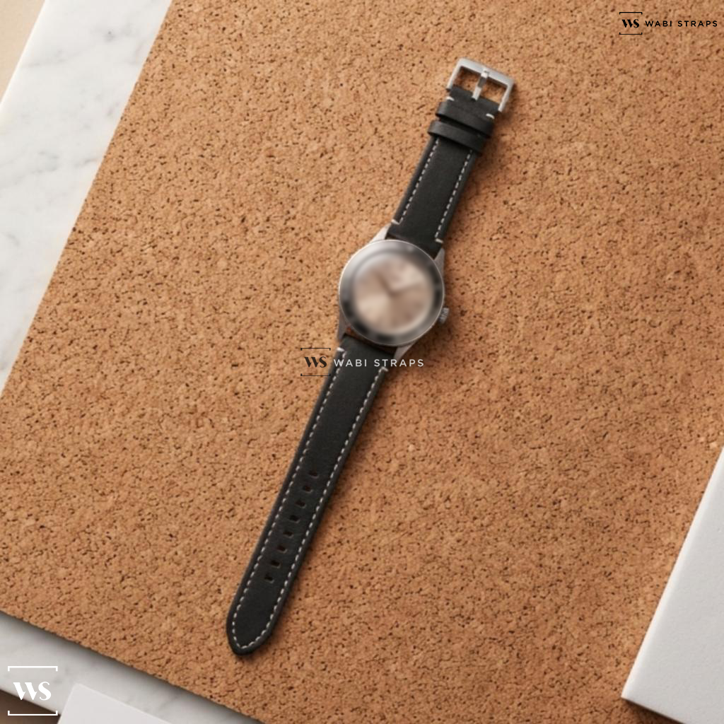 Black/White Matte Leather Watch Strap on Longines Dress Watch