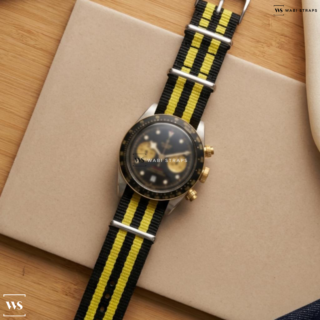 Black/Yellow 5 Stripes Nylon Watch Strap on Tudor Black Bay Chrono 79363N