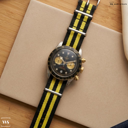 Black/Yellow 5 Stripes Nylon Watch Strap on Tudor Black Bay Chrono 79363N