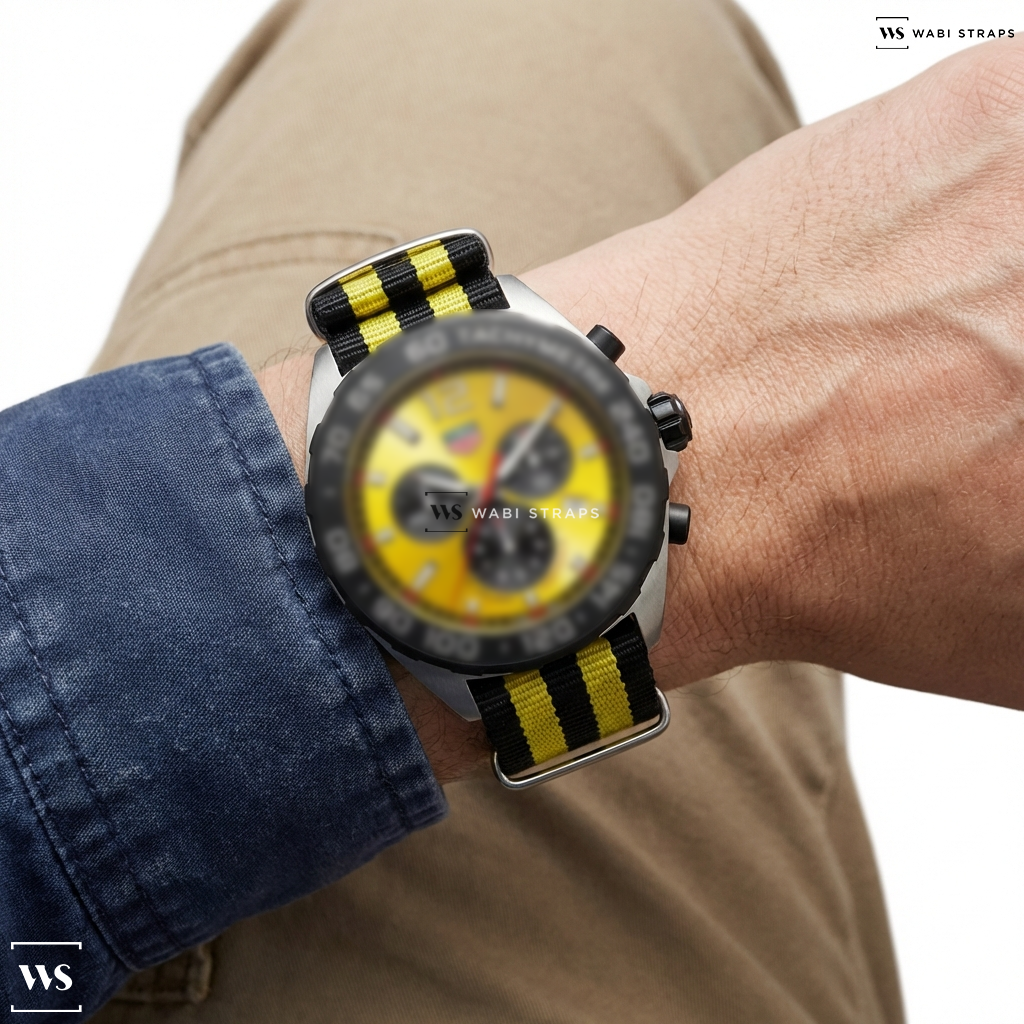 Black/Yellow 5 Stripes Nylon Watch Strap on Tag Heuer Formula 1 Yellow Dial