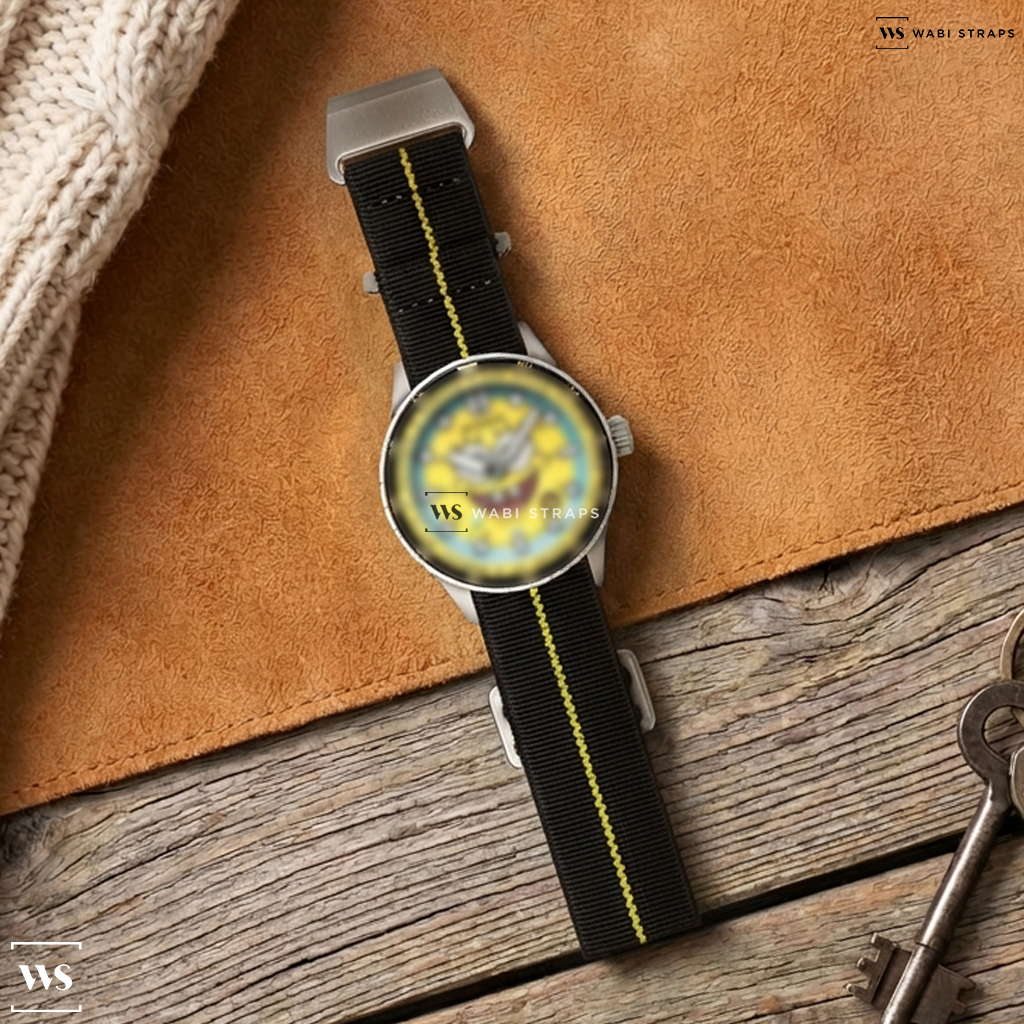 Black/Yellow 3-Stripe Nylon Watch Strap on Spongebob X Spinnaker Hass Automatic 25th Limited Edition