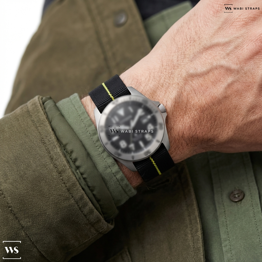 Black/Yellow 3-Stripe Nylon Watch Strap on Citizen Promaster Tough