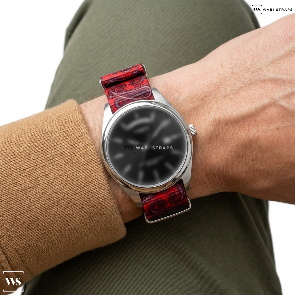 Black/Brown/Red Graphic Print Nylon Watch Strap on Timex Legacy 41mm