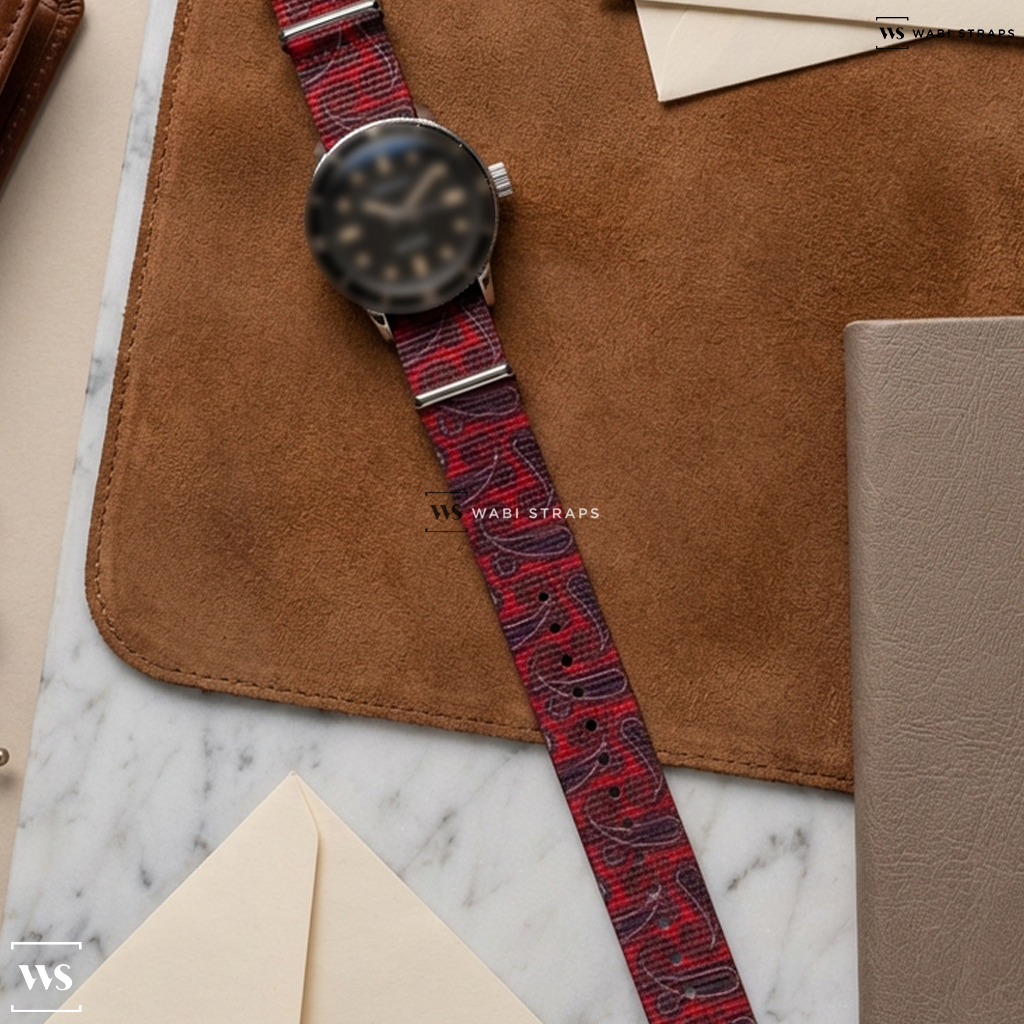 Black/Brown/Red Graphic Print Nylon Watch Strap on Benrus Sea Lord