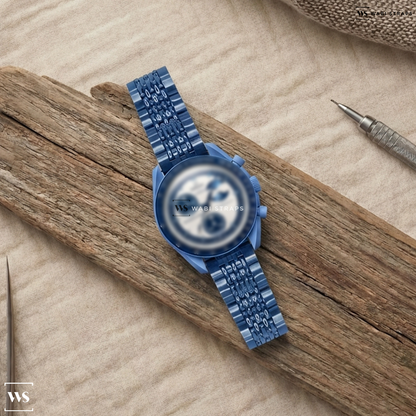 Blue 5-Row Rice Beads Metal Watch Bracelet on MoonSwatch Mission To The Super Blue Moonphase