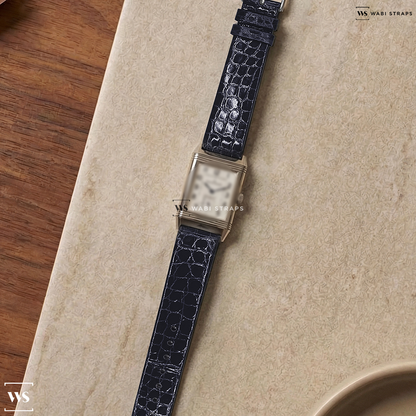 Blue Alligator Grain Leather Watch Strap on Jaeger LeCoultre Reverso Duo