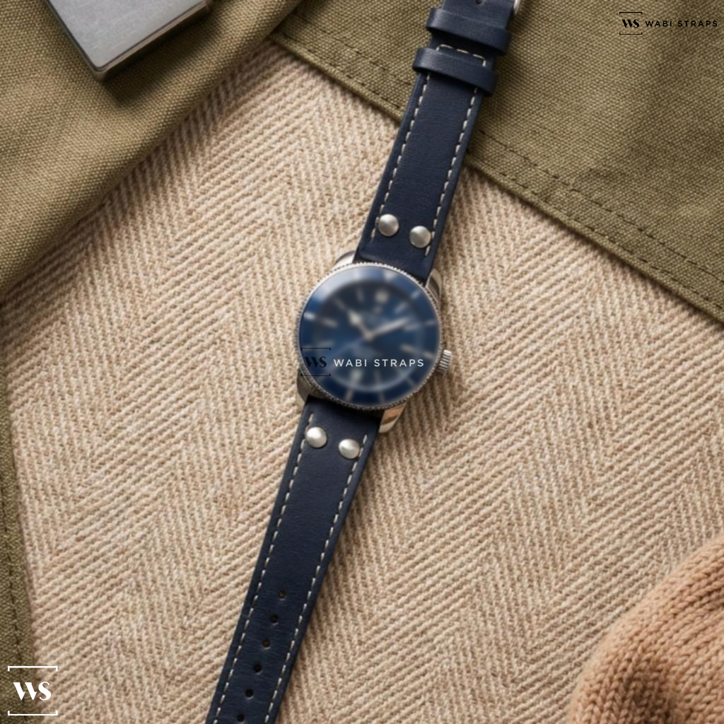Blue Riveted Leather Watch Strap on Breitling Superocean Heritage Automatic blue Dial Stainless Steel Men's Watch