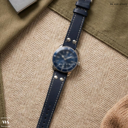 Blue Riveted Leather Watch Strap on Breitling Superocean Heritage Automatic blue Dial Stainless Steel Men's Watch