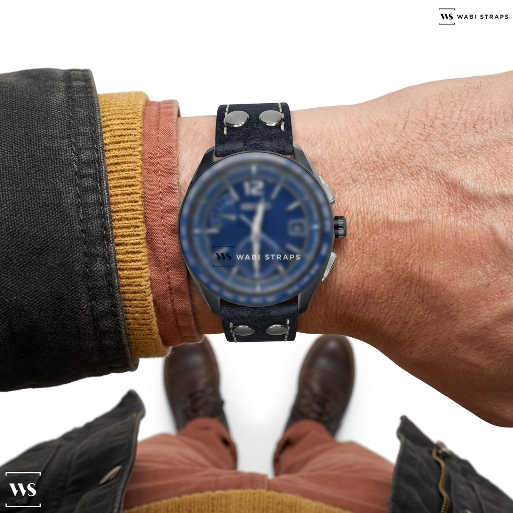 Blue Riveted Leather Watch Strap on Seiko Brightz Quartz Blue Dial Titanium Men's Watch