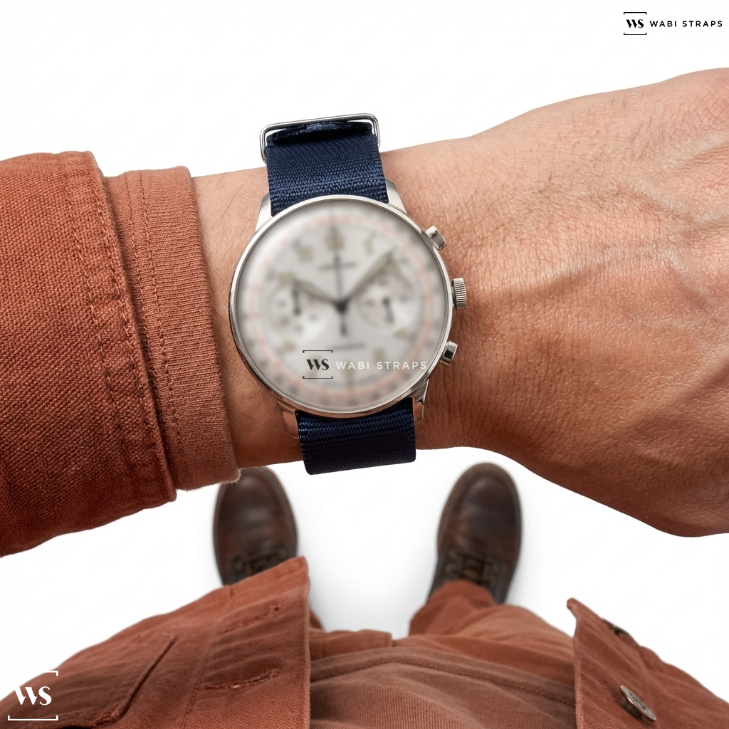 Blue Basic Nylon Watch Strap on Junghans Meister Telemeter