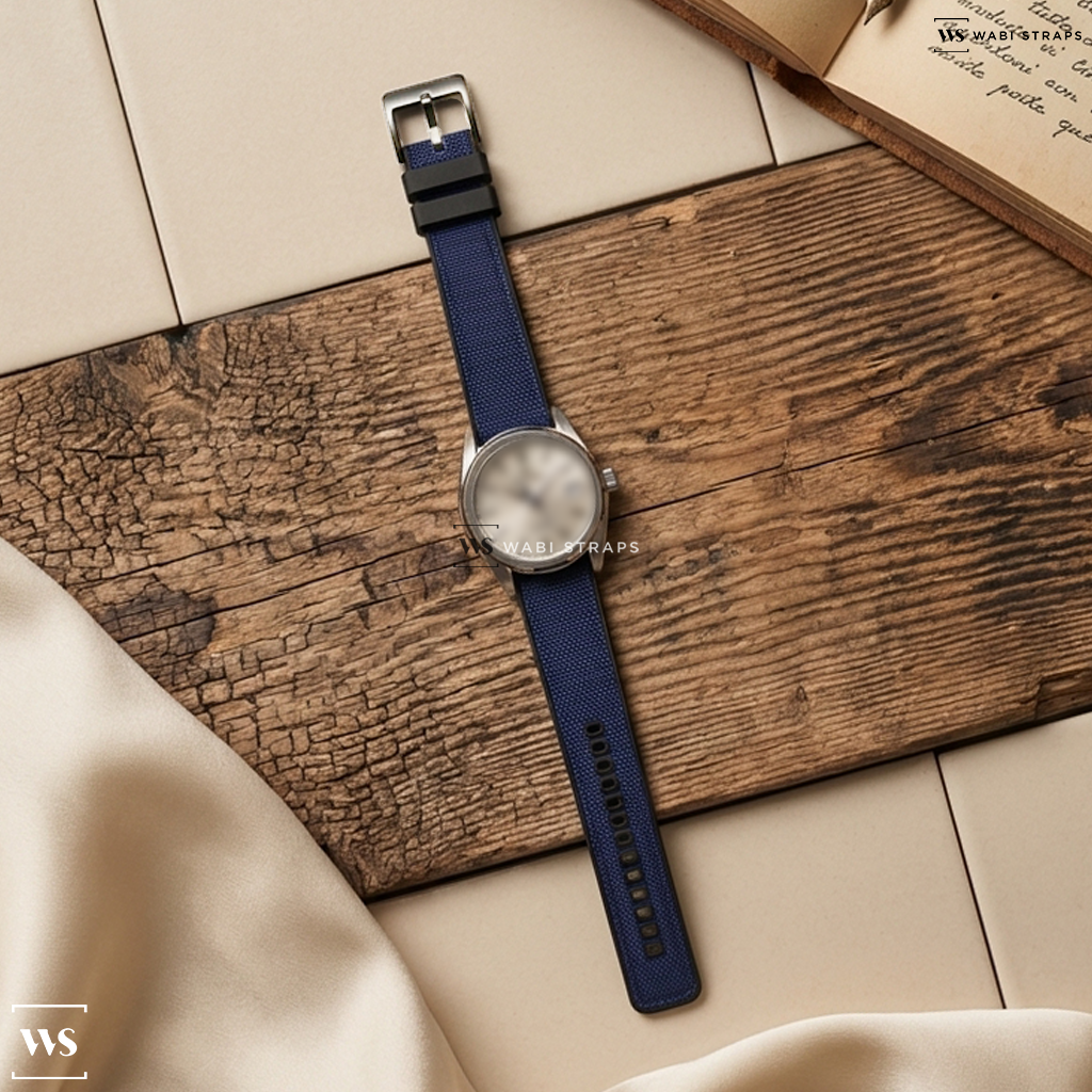 Blue Hybrid Canvas Watch Strap on Grand Seiko Heritage Collection Spring Drive "White Birch" SS