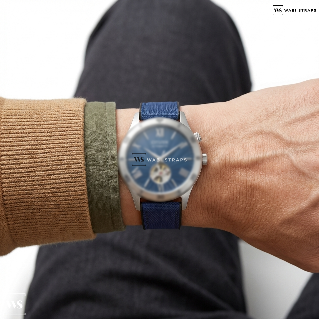 Blue Hybrid Canvas Watch Strap on CITIZEN NH9130-84L MECHANICAL MEN WATCH