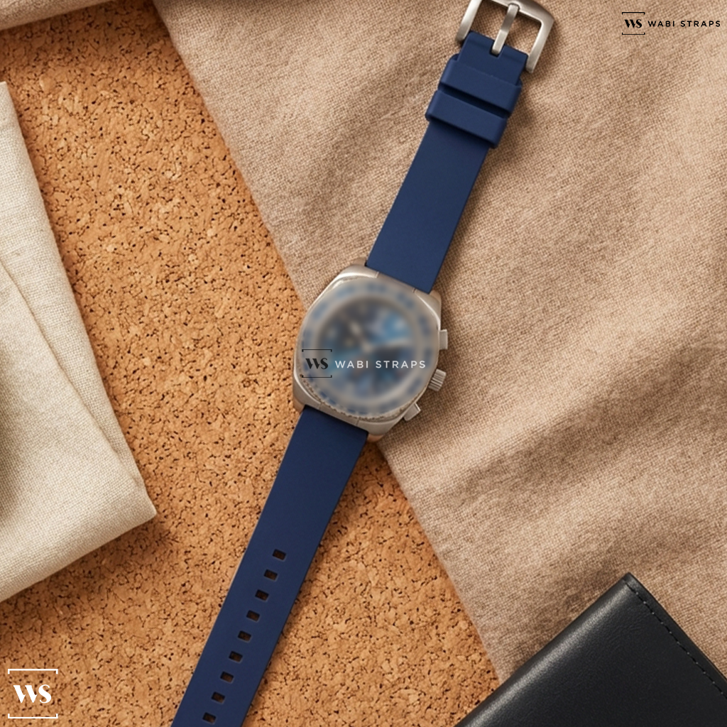 Blue Smooth Rubber Watch Strap on Formex Stratos UTC Automatic Blue Dial