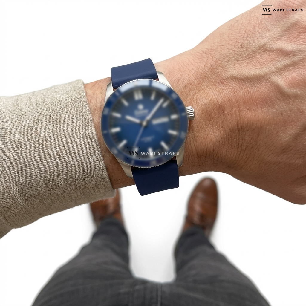 Blue Smooth Rubber Watch Strap on TUTIMA GLASHÜTTE GRAND FLIEGER 6107-02 AUTOMATIC MEN WATCH