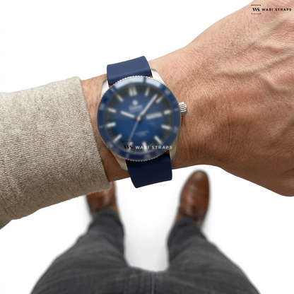 Blue Smooth Rubber Watch Strap on TUTIMA GLASHÜTTE GRAND FLIEGER 6107-02 AUTOMATIC MEN WATCH