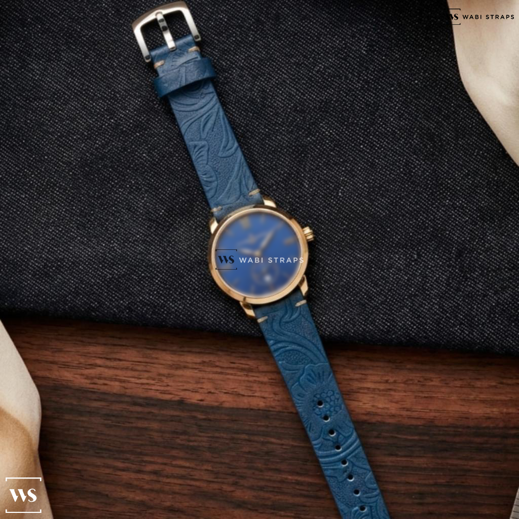 Blue Floral Print Leather Watch Strap on Ulysse Nardin Classico Rose Gold Automatic Blue Dial Men's Watch