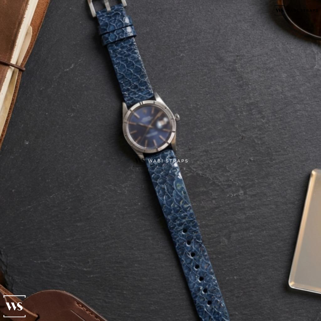 Blue Embossed Glossy Rubber Watch Strap on Rolex Oyster Date Blue Lapis Dial