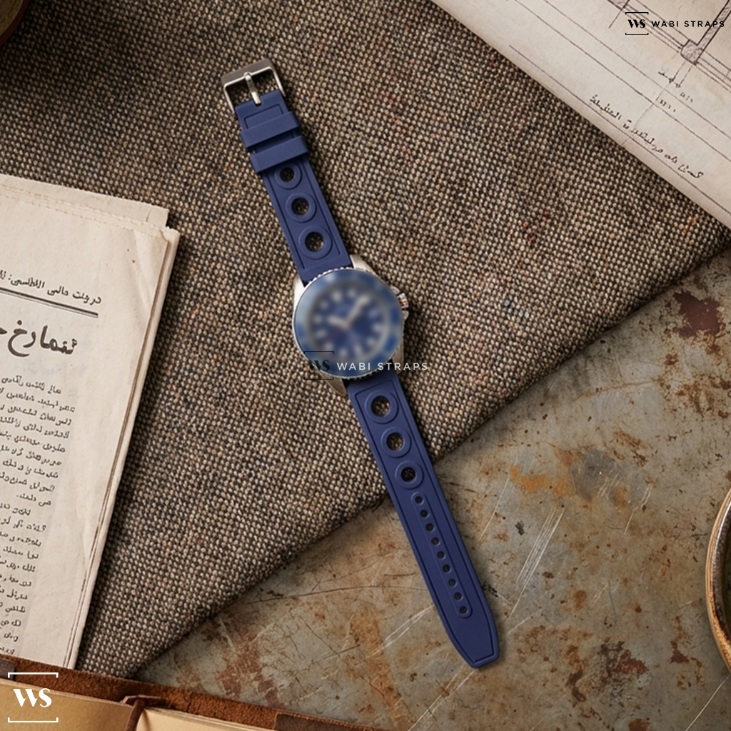 Blue Perforated Rubber Watch Strap on Seiko Prospex Solar Dive Watch with Sapphire Crystal and Blue Dial #SNE593