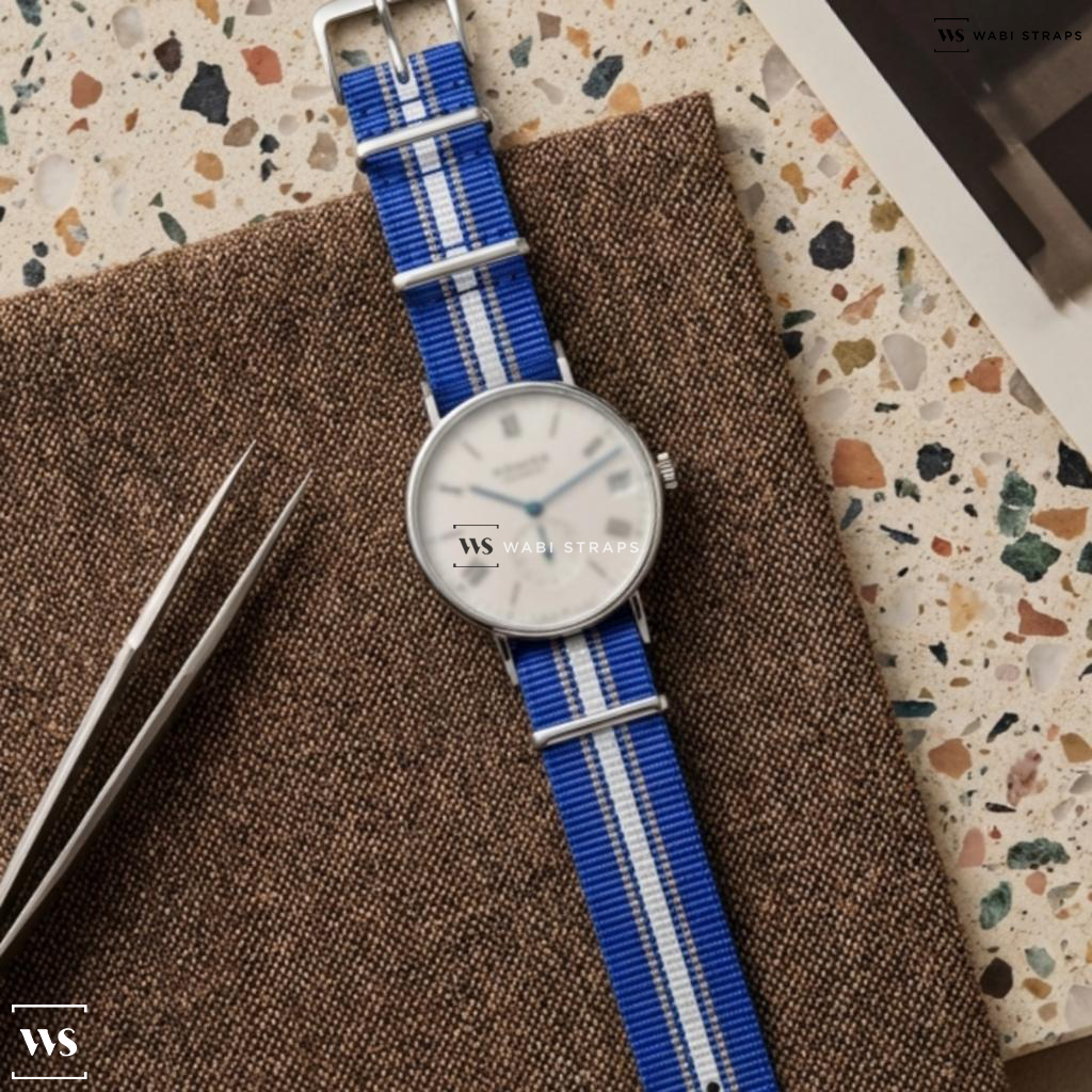 Blue/Grey/White 2 Thick 3 Thin Stripes Nylon Watch Strap on Nomos Glashutte Ludwig Neomatik 41 Date