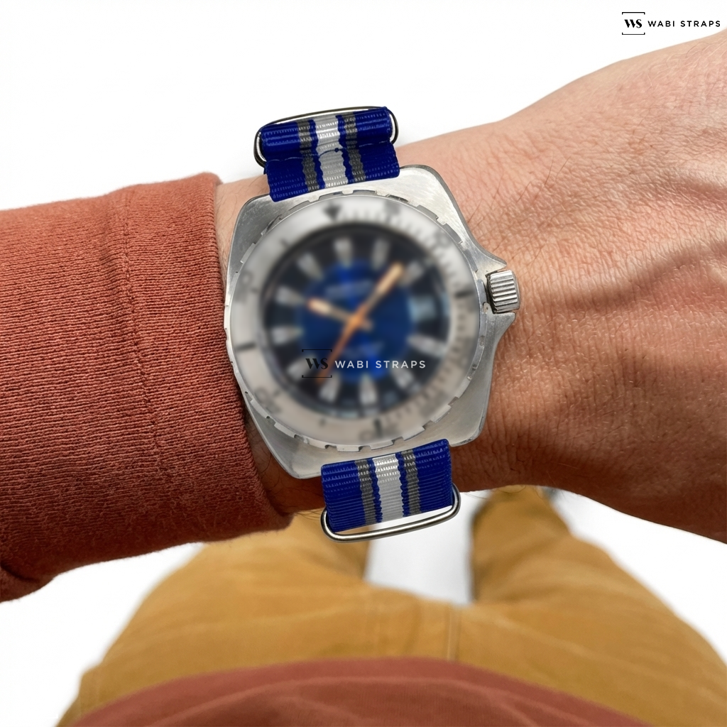Blue/Grey/White 2 Thick 3 Thin Stripes Nylon Watch Strap on Mirexal Superautomatic