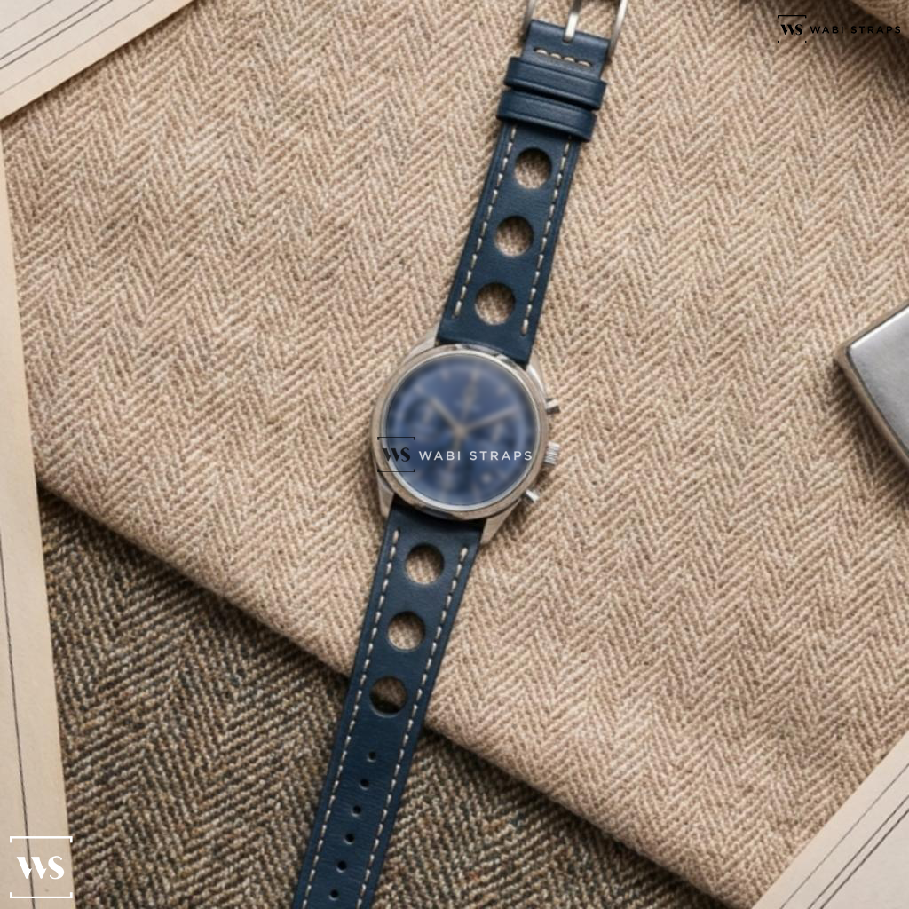 Blue Perforated Leather Watch Strap on Parmigiani Tonda PF Chronograph SS / Platinum